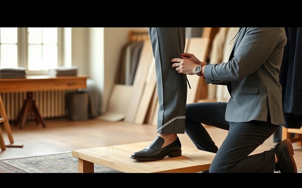 Tailor pinning a trouser hem on a fitting stand