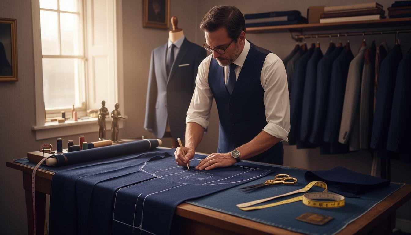 Master tailor chalking a pattern onto navy wool at the cutting table