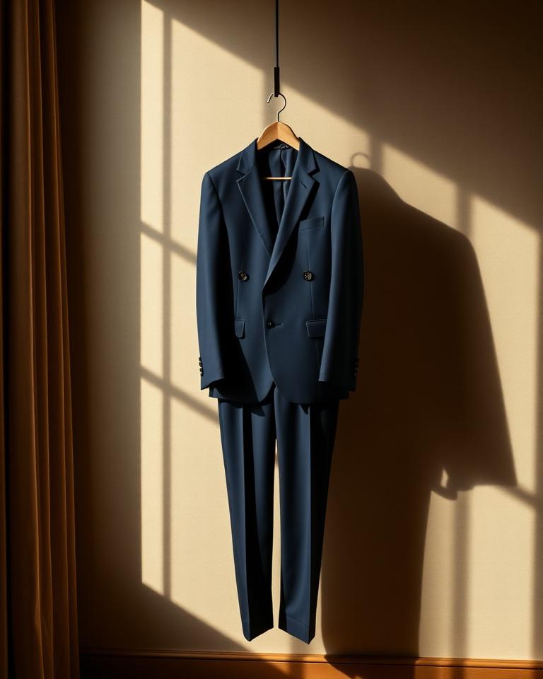Finished navy two piece suit on a wooden hanger against a linen wall