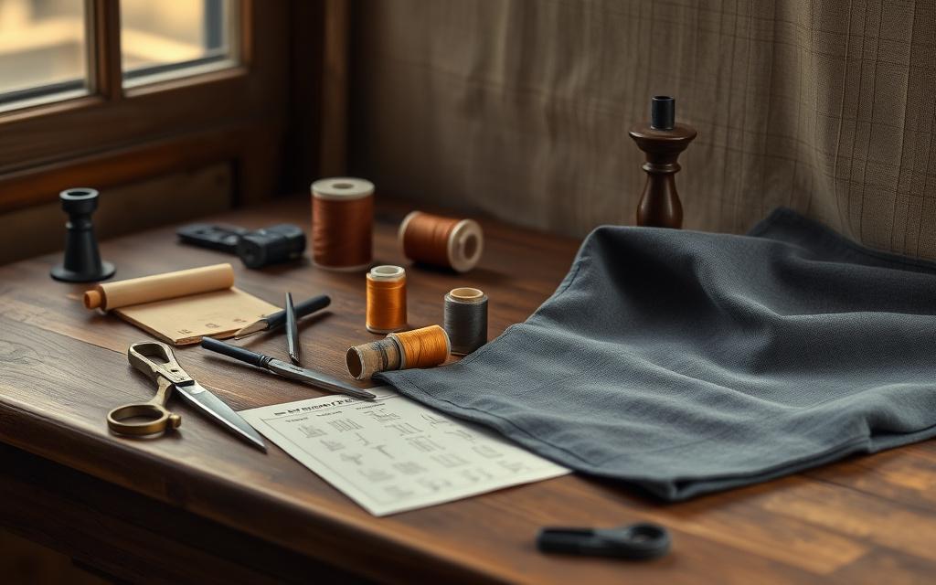 Wooden workbench with shears, chalk, thread and folded cloth