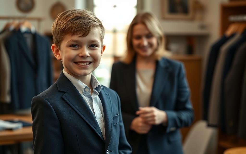 Young boy in a small navy blazer being fitted by a tailor