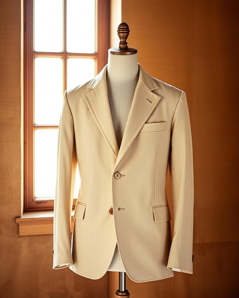 Unstructured linen jacket in pale sand on a dress form