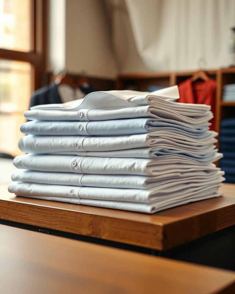Stack of pressed custom shirts in white and pale blue