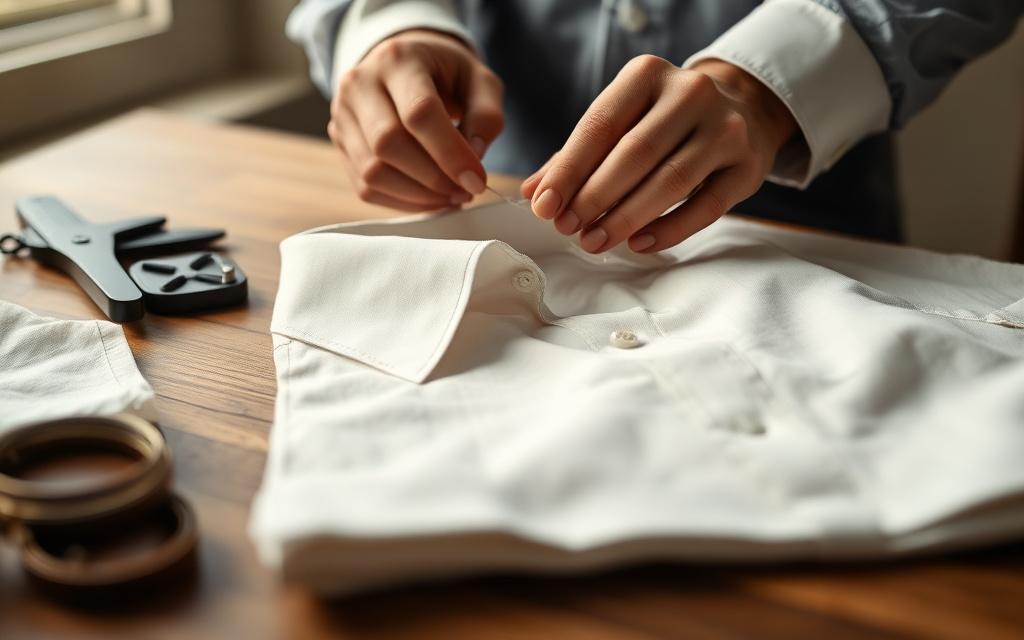 Close-up of a crisp white shirt collar being hand-finished
