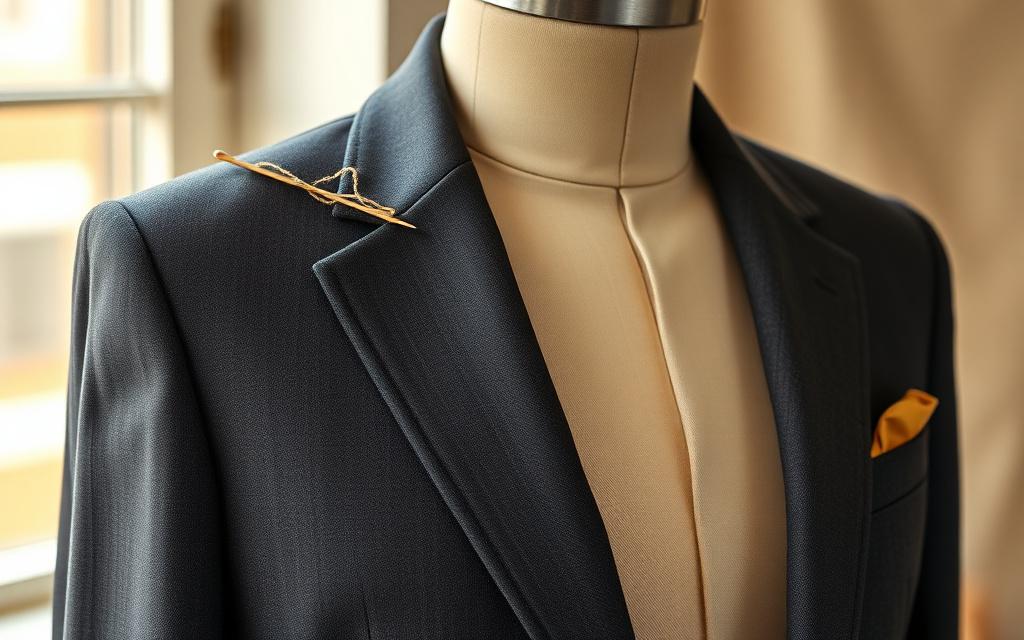 Half-finished suit jacket with visible canvas and white basting stitches