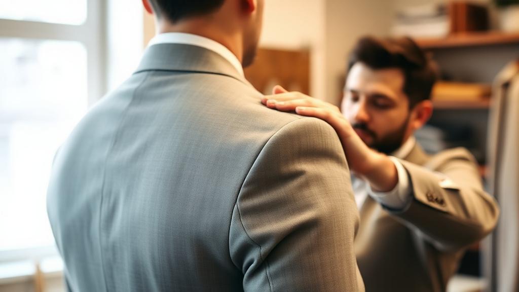 Tailor adjusting the shoulder line of a grey suit jacket