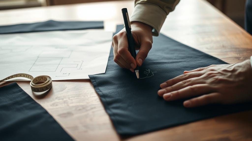 Tailor&rsquo;s hands marking cloth with chalk beside a measuring tape