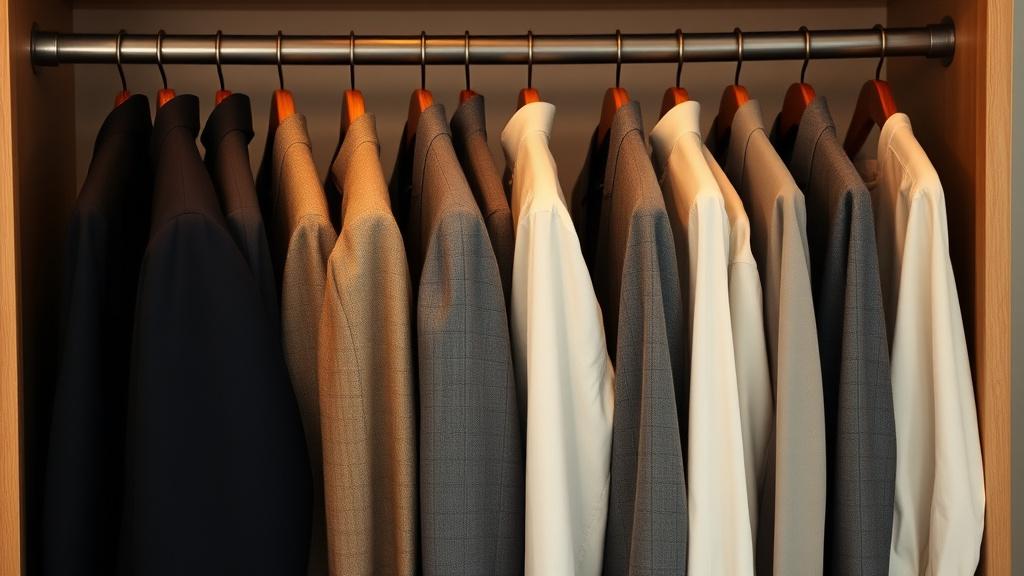 Row of tailored jackets and shirts hanging in an organised wardrobe