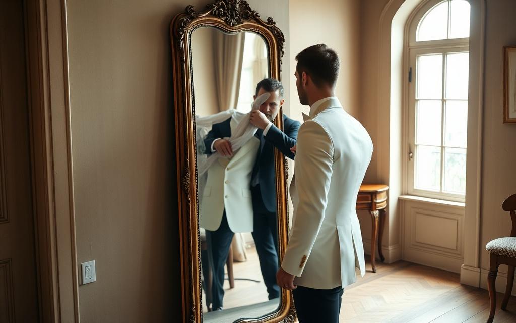 Groom checking the fit of an ivory dinner jacket in a tall atelier mirror